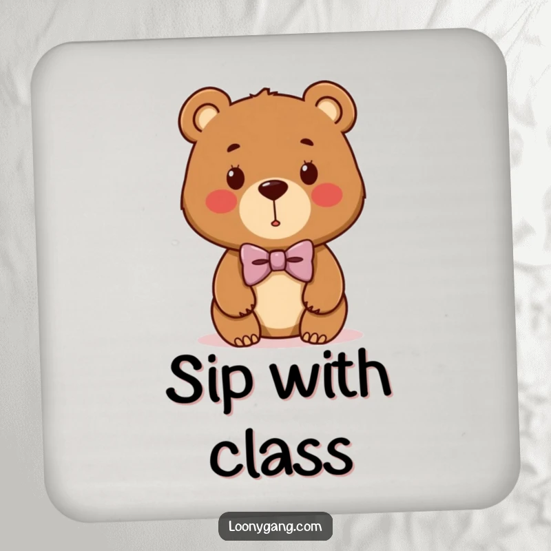 Funny bear cub coaster featuring a cute brown bear with a hilariously lopsided bowtie, protecting surfaces with humor.