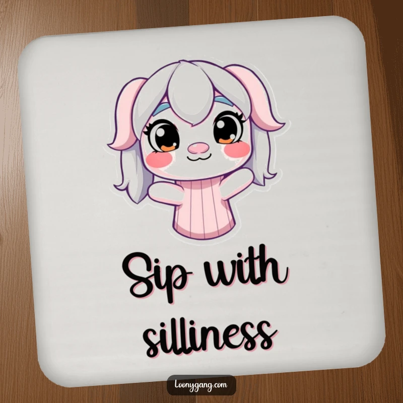 Funny Derpy Sock Puppet Coaster: A surface protector with a derpy sock puppet, mismatched wiggling eyes, adding goofy humor.