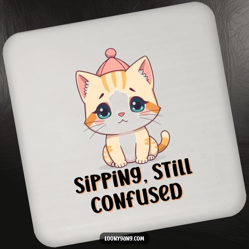 A set of coasters showcasing a funny, bewildered cat cub with a tiny hat tilted backward, protecting your furniture.