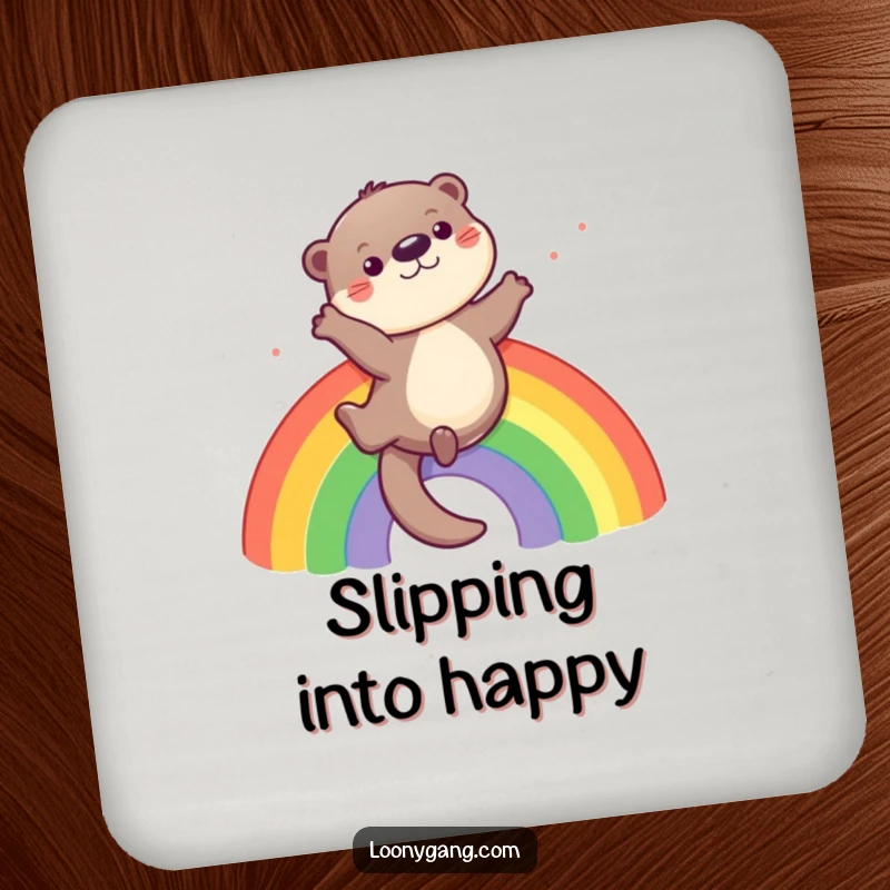 Funny otter coaster featuring a playful otter sliding down a rainbow, protecting furniture.