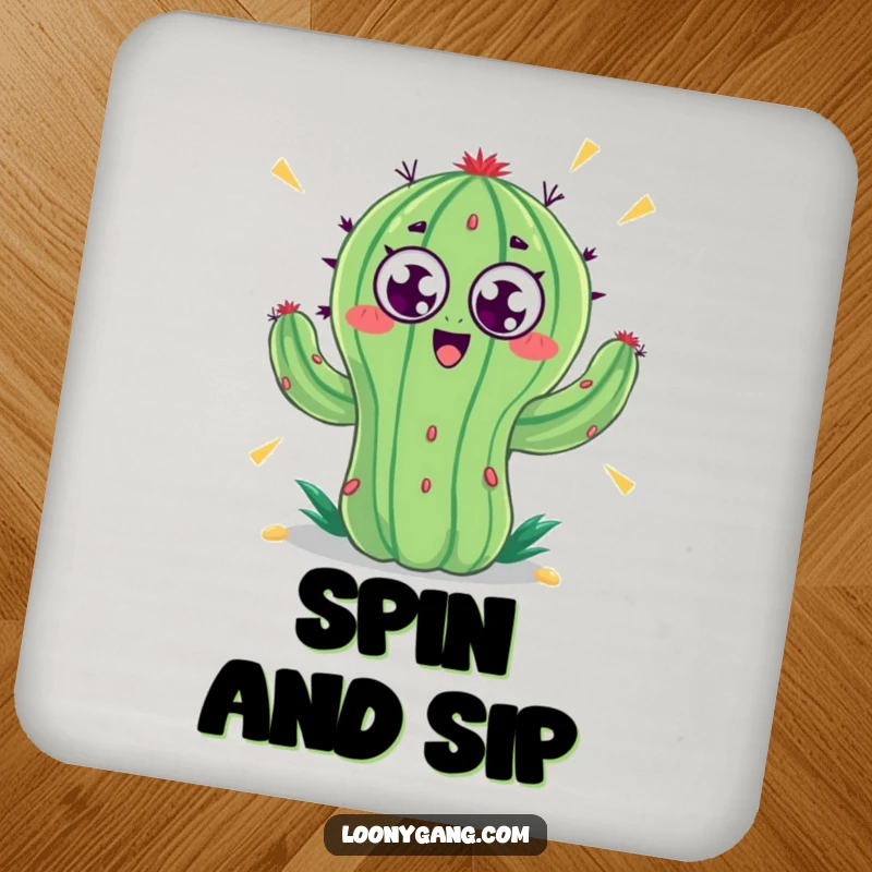 Funny drink coaster with a cactus whose googly eyes are spinning rapidly, adding a touch of chaotic amusement to any surface.