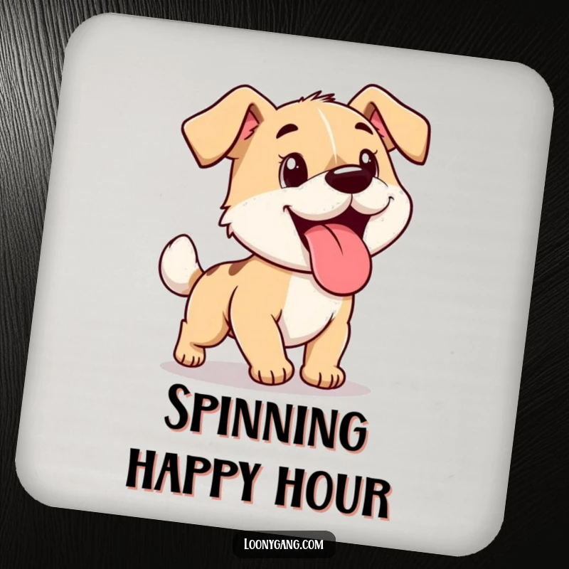 Funny cartoon dog, tongue out, chasing its tail in circles, adding playful humor to your surfaces with this coaster.