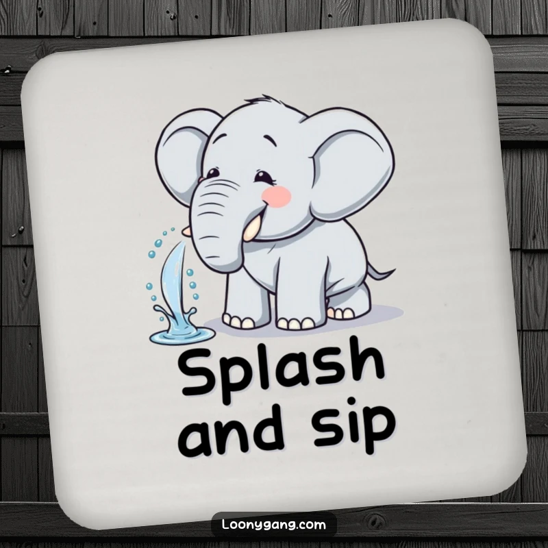 Funny Elephant Coasters: Set of 4, comical elephant giggling and spraying water, protecting surfaces.