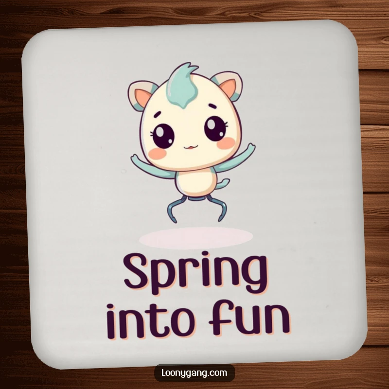 Funny Drink Coasters featuring a creature with springy legs, humorously bouncing with pure delight, protecting surfaces with style.