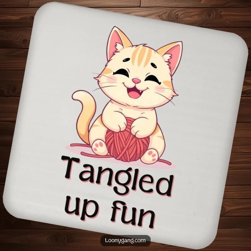 Funny drink coasters showcasing a mischievous cat happily tangled in yarn, protecting tables with humor, great funny gift.