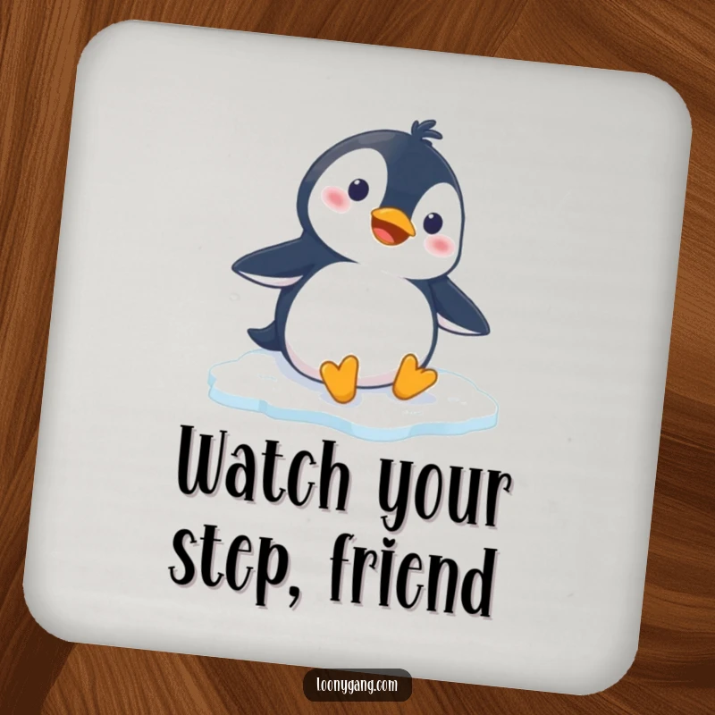 Funny penguin drink coaster featuring a cartoon penguin comically slipping on ice, adding humorous protection for surfaces.