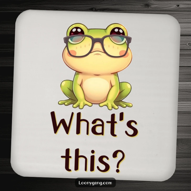 Funny frog wearing oversized glasses looking confused on a protective drink coaster, a charming and funny gift.