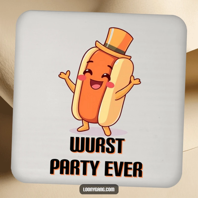 Funny Hot Dog Jig Coaster: A surface protector with a grinning hot dog, tiny top hat, dancing a jig, adding festive humor.