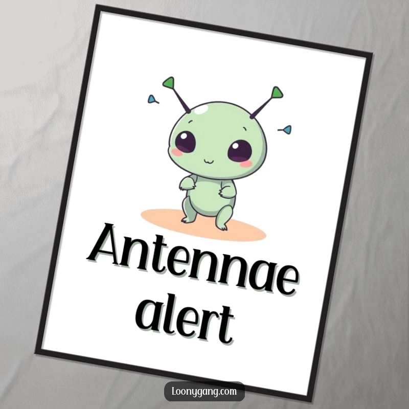 Funny alien poster featuring a small, round creature spinning its antennae with energetic, happy motion, ideal for art lovers.