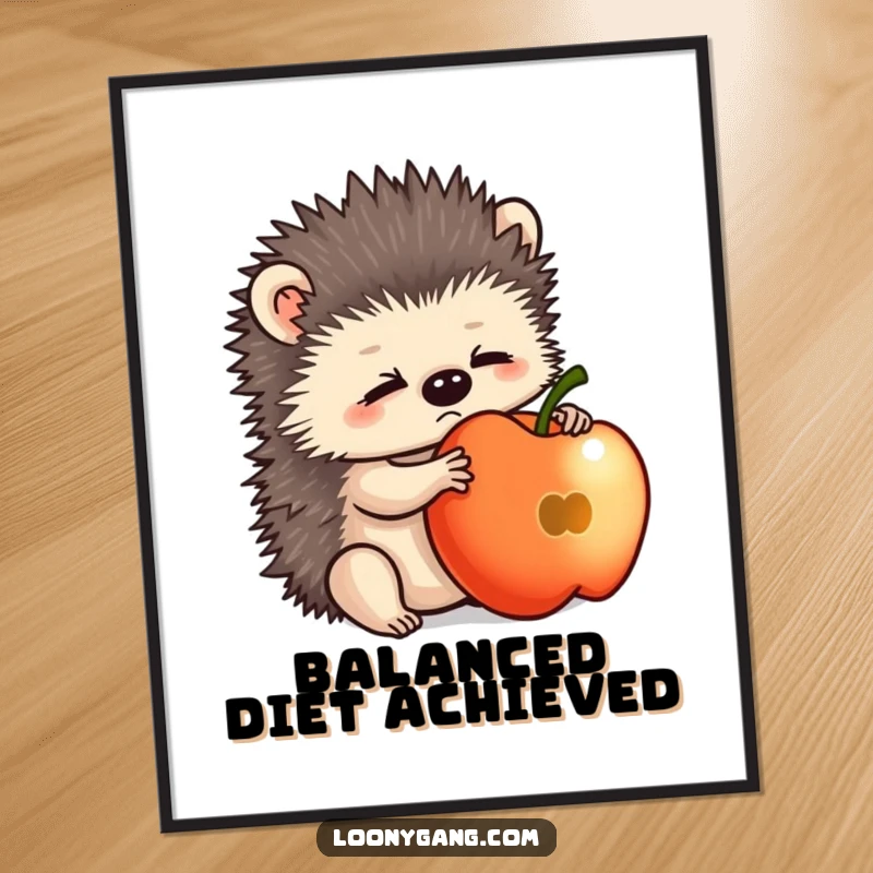 Funny hedgehog cub in a state of bewilderment trying to balance an apple, perfect for humorous wall art.