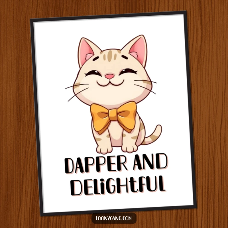 Funny cat bowtie poster featuring a grinning cartoon cat in an oversized bowtie, striking a silly pose for whimsical wall art.