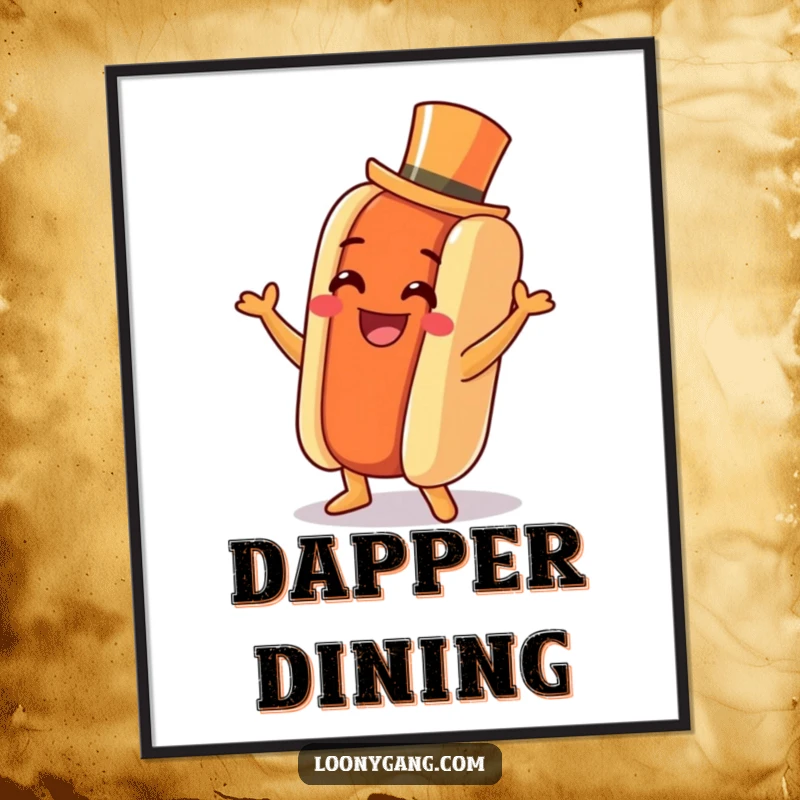 Funny Hot Dog Jig Poster: A grinning hot dog with a tiny top hat dances a jig, bringing festive humor to wall art.