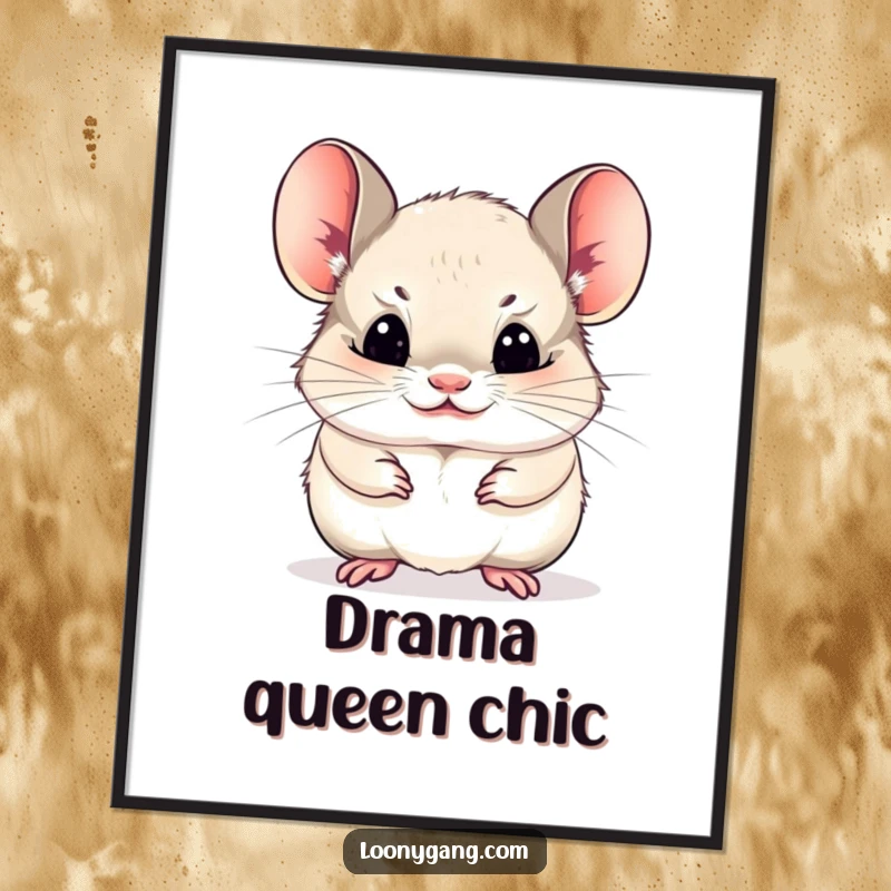 Funny chinchilla cub making a funny face, comical wall art poster, humorous decor.