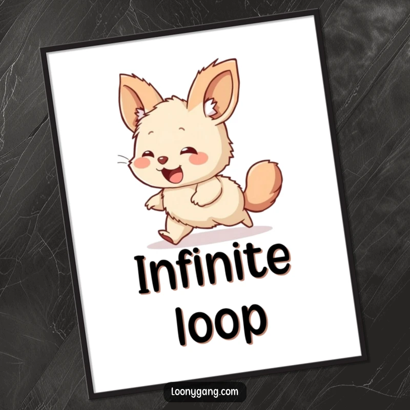 Funny poster art of a giggling, furry creature with oversized ears, joyfully spinning in a comical chase after its own tail.