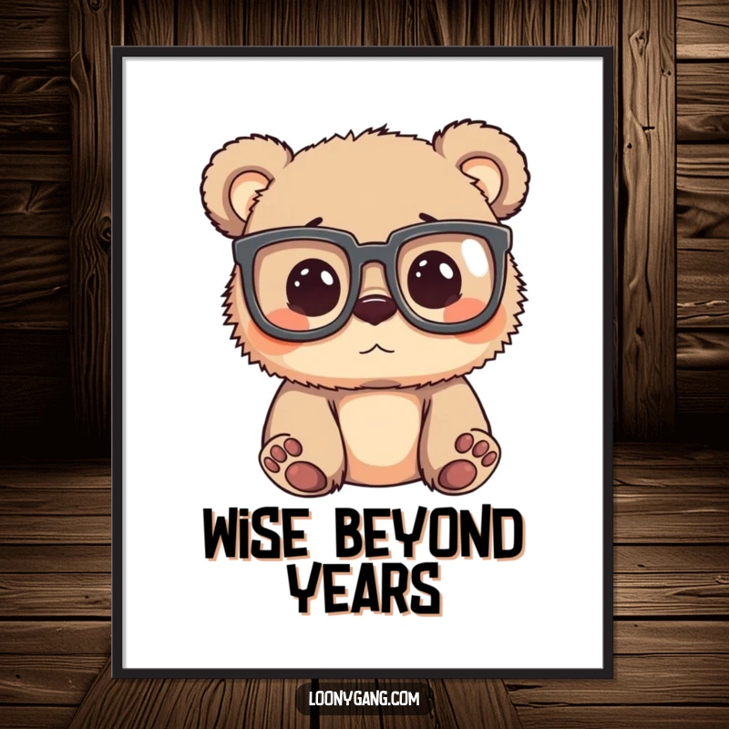 Funny bear cub wearing comically oversized glasses, peering around with a silly, inquisitive expression, presented as wall art.