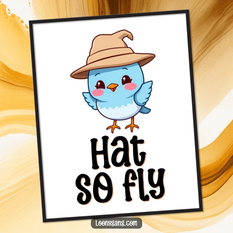 Funny blue bird poster print showcasing a smiling blue bird wearing a comically oversized and tilted hat. Ideal for lovers of funny animal art and whimsical decor.