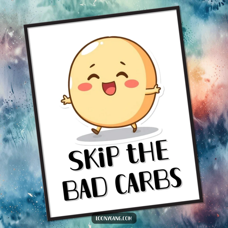 Funny Bread Roll Skip Poster capturing a round, cheerful bread roll character joyfully attempting to skip, a wholesome and amusing addition to any space.