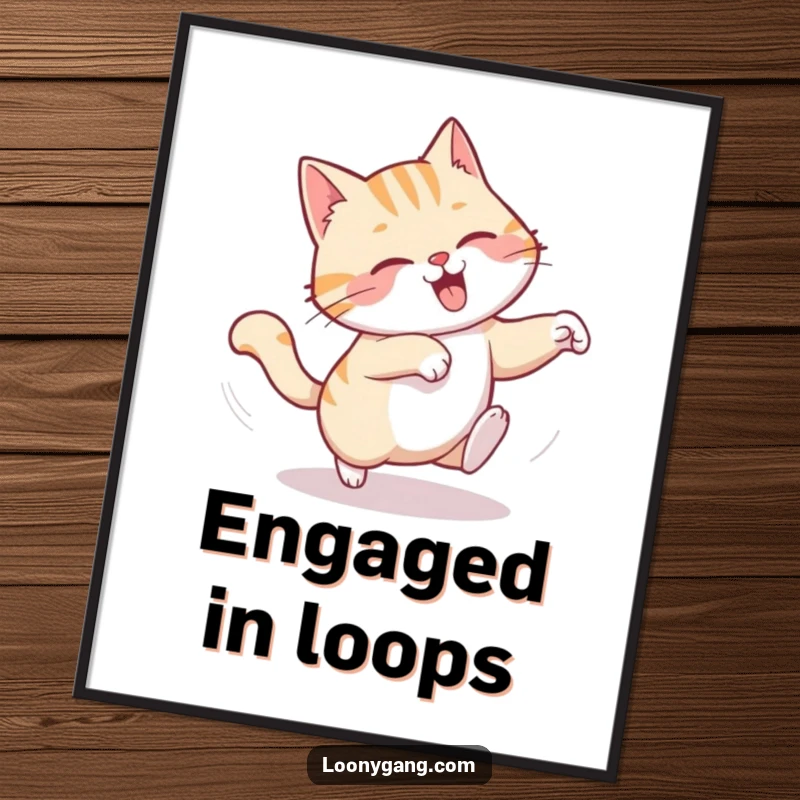 Funny poster of a chuckling cat caught in a comical, dizzying spin while chasing its own tail, full of energy.