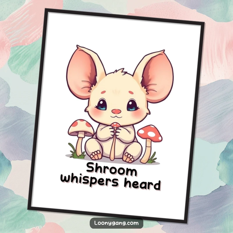 Funny creature poster print of a character with oversized ears listening intently to a small mushroom, conveying deep focus and intrigue.