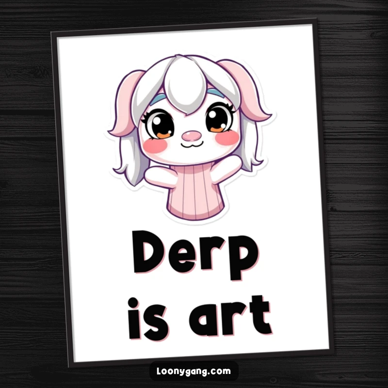 Funny Derpy Sock Puppet Poster: A derpy sock puppet with mismatched eyes wiggles hilariously, bringing whimsical humor to wall art.