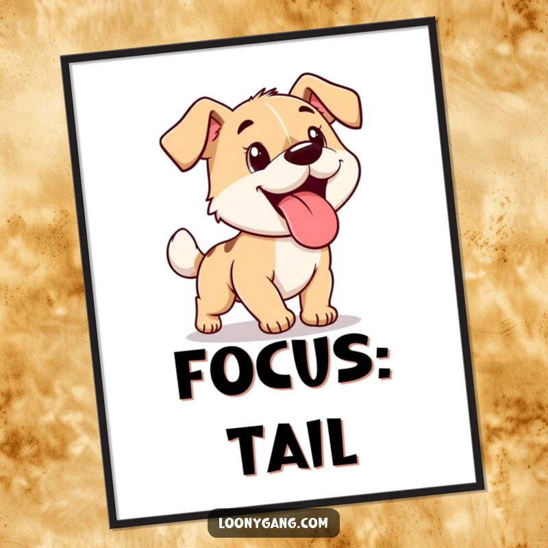 Funny cartoon dog, tongue lolling out, comically chasing its tail in a circle, presented as vibrant wall art.