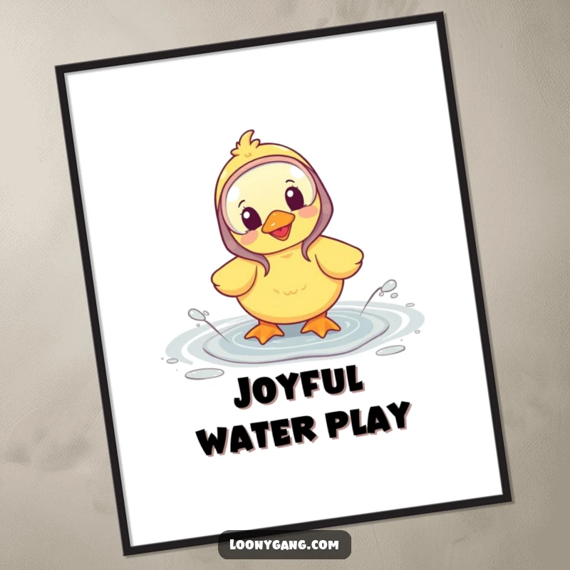 Funny poster showcasing a happy duckling in galoshes, splashing gleefully in a puddle, bringing cheer.