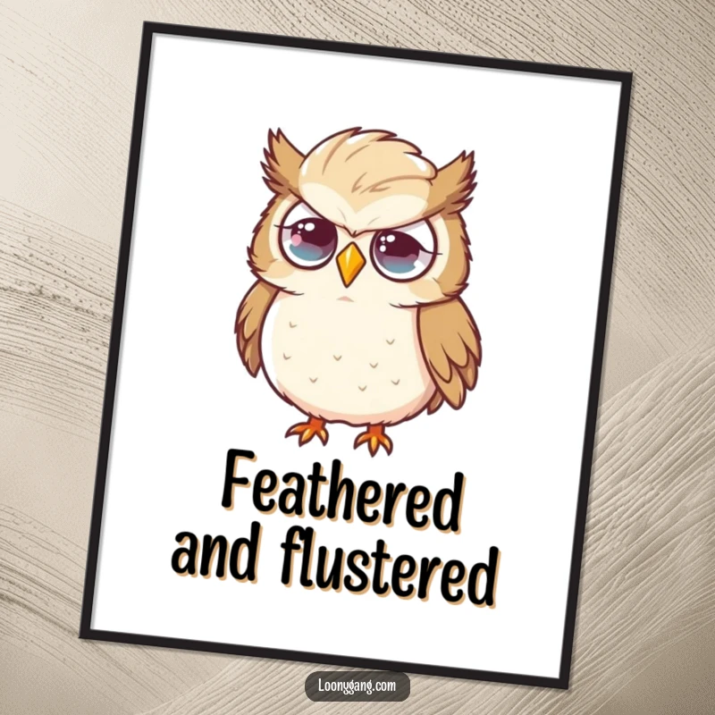 Funny owl poster looking flustered with a comically oversized feather, radiating a sense of endearing confusion and gentle humor. Ideal funny wall decor.