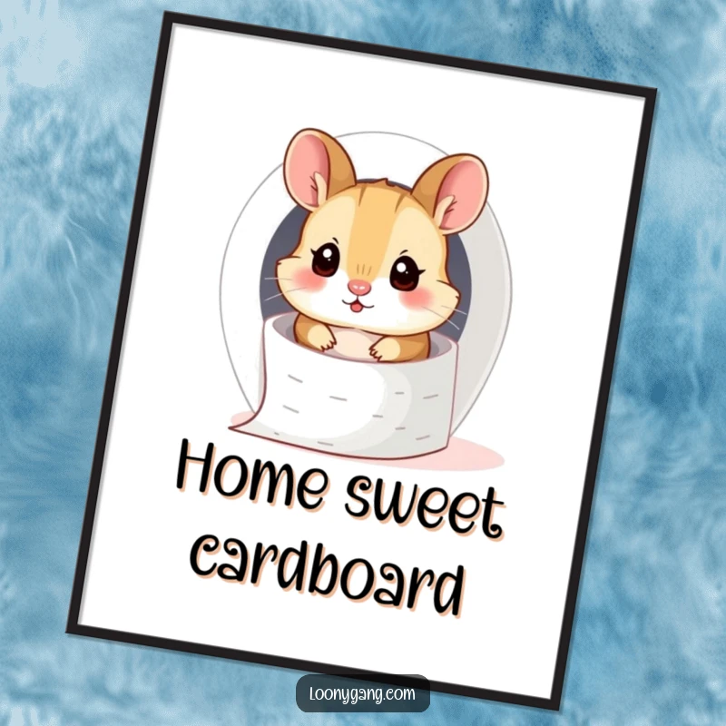 Funny hamster cub hilariously stuck inside a toilet paper roll, ideal for humorous and eye-catching wall art.