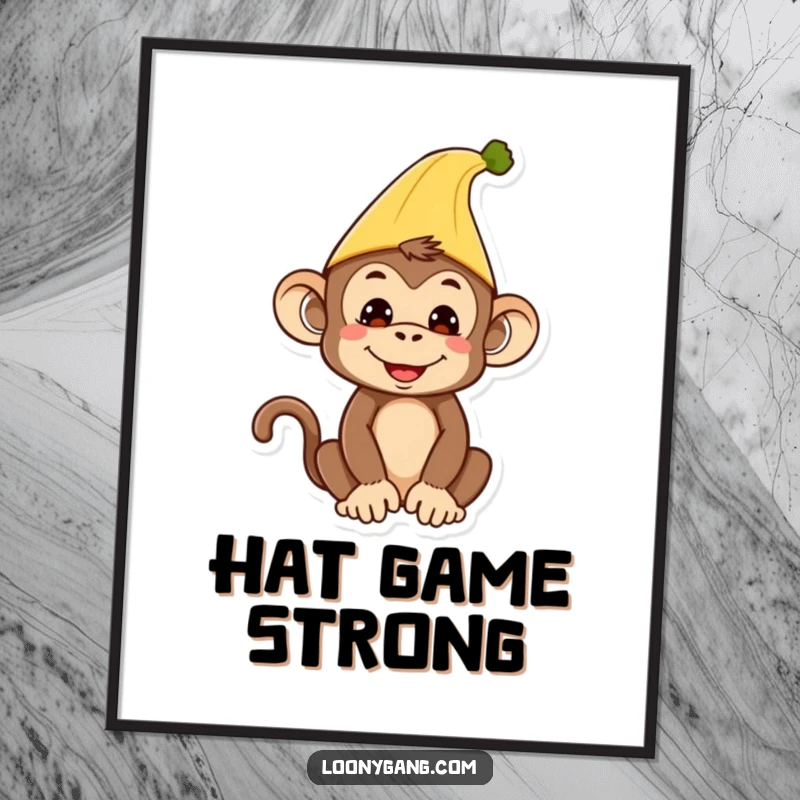 Funny Monkey Poster: Vibrant print of a silly monkey wearing a banana peel as a hat.