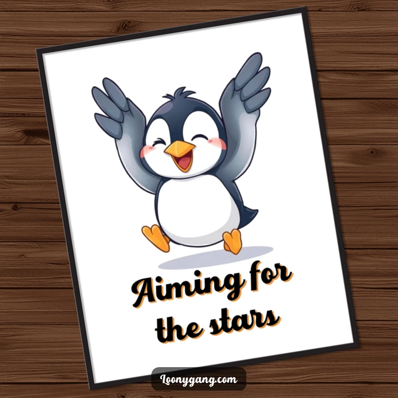A colorful wall art print of a funny penguin cub with wide eyes, flapping its wings with all its might in an attempt to fly.