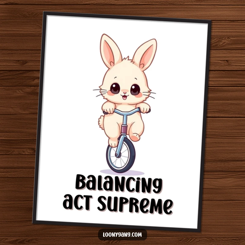 Funny rabbit unicycle poster depicting a fluffy bunny with wide eyes, joyfully balancing on a unicycle, adding whimsical humor to decor.