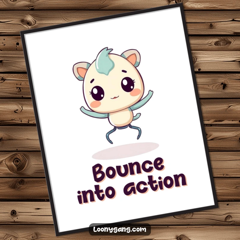 Funny Poster displaying a creature with springy legs, bouncing energetically with infectious joy, adding a humorous touch to decor.