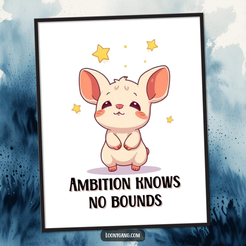 Funny creature with large cupped ears trying to catch falling stars, enchanting poster art.