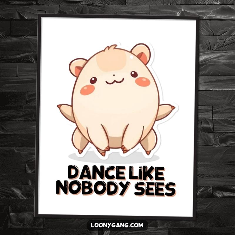Funny creature with six short legs smiling and wiggling rhythmically, joyful poster art.