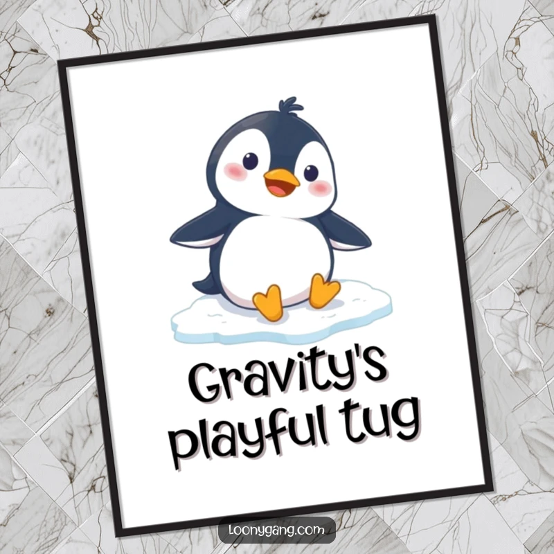 Funny penguin poster featuring a cartoon penguin comically slipping on ice, its surprised face adding humorous wall art appeal.