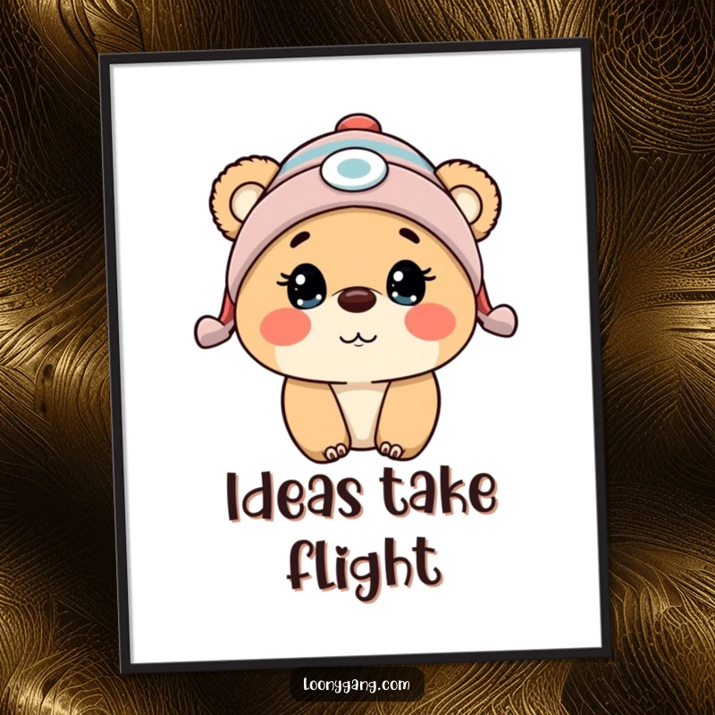 Funny bear cub sporting a propeller beanie, rendered with a look of delightful surprise, on a vibrant poster.