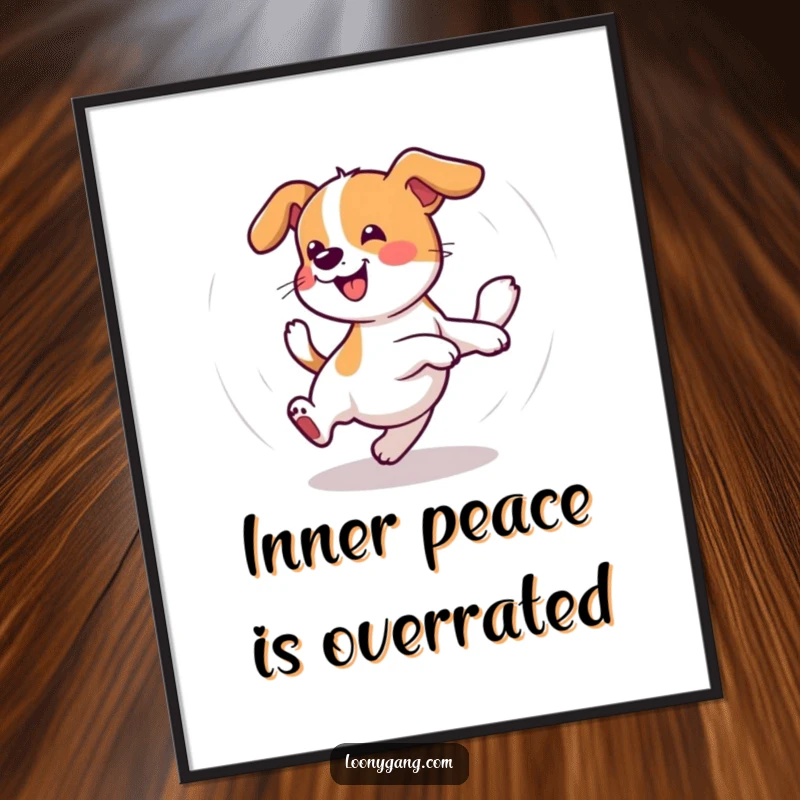 Funny Wobbly Dog Poster capturing a dog joyfully spinning after its tail, perfect for adding a humorous and energetic vibe to any room.