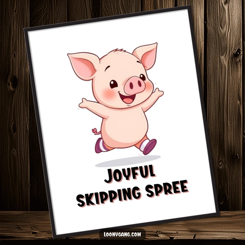 Funny piglet socks poster depicting a happy piglet skipping with mismatched socks, adding cheerful humor and playful energy to decor.