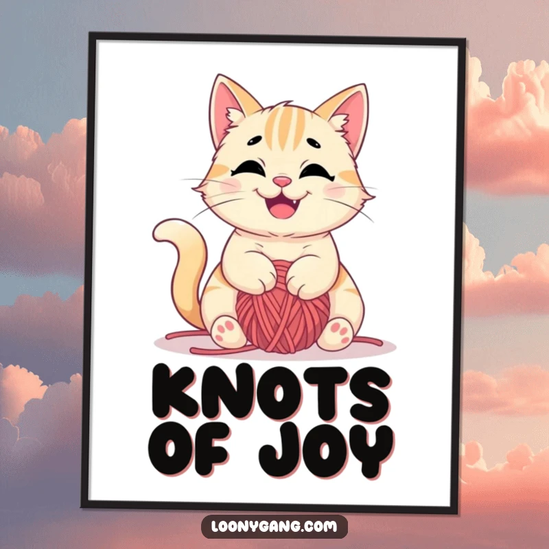 Funny poster art of a mischievous cat happily tangled in yarn, playful and cute wall decor, great funny gift.