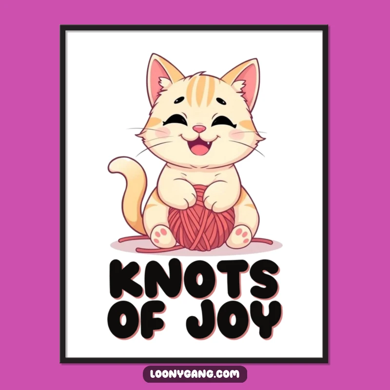 Funny Cat Yarn Poster: Happy Tangled Art, Whimsical Funny Gift for Walls