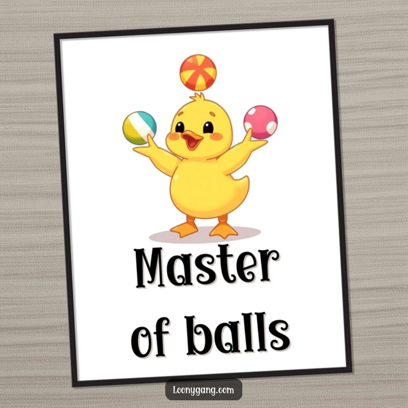 Funny yellow duckling poster capturing a joyful duckling juggling bright balls, exuding happiness and whimsical charm. Wall art for joy.
