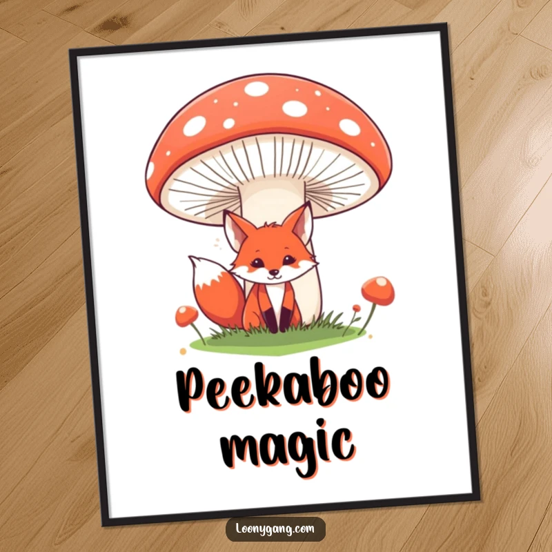 Funny fox poster print showcasing a sly red fox playfully peeking from behind a giant, comical mushroom. Ideal for lovers of funny fantasy art and whimsical decor.