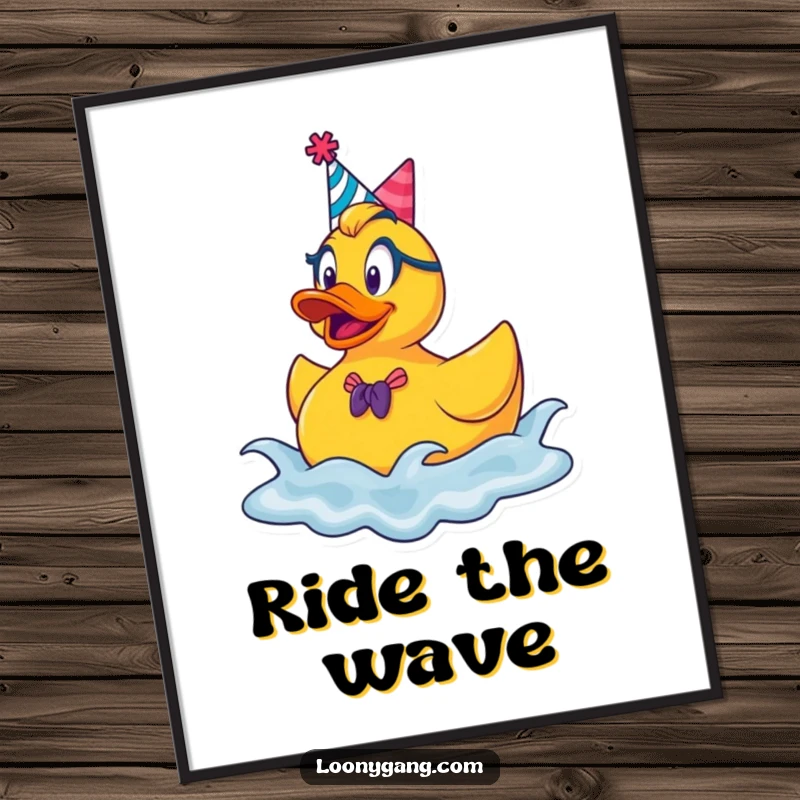 Funny rubber ducky party poster, a goofy duck with a party hat, joyfully bouncing on stylized waves for vibrant decor.