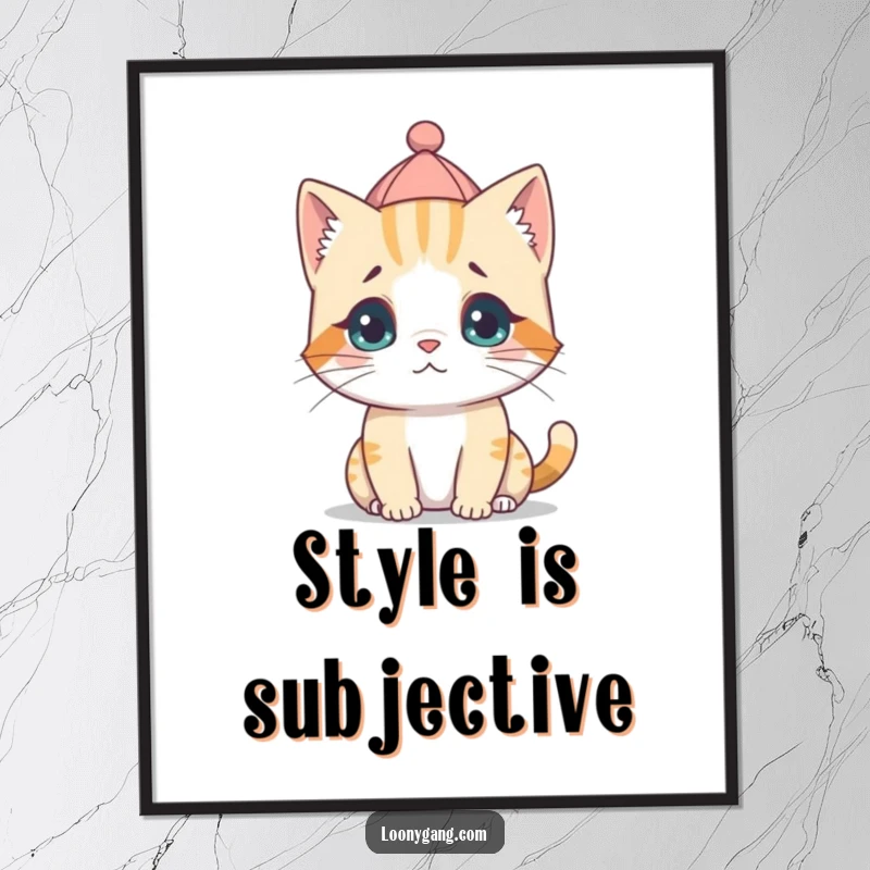 A charming poster of a funny, wide-eyed cat cub wearing a tiny hat backward, its expression a picture of adorable confusion.