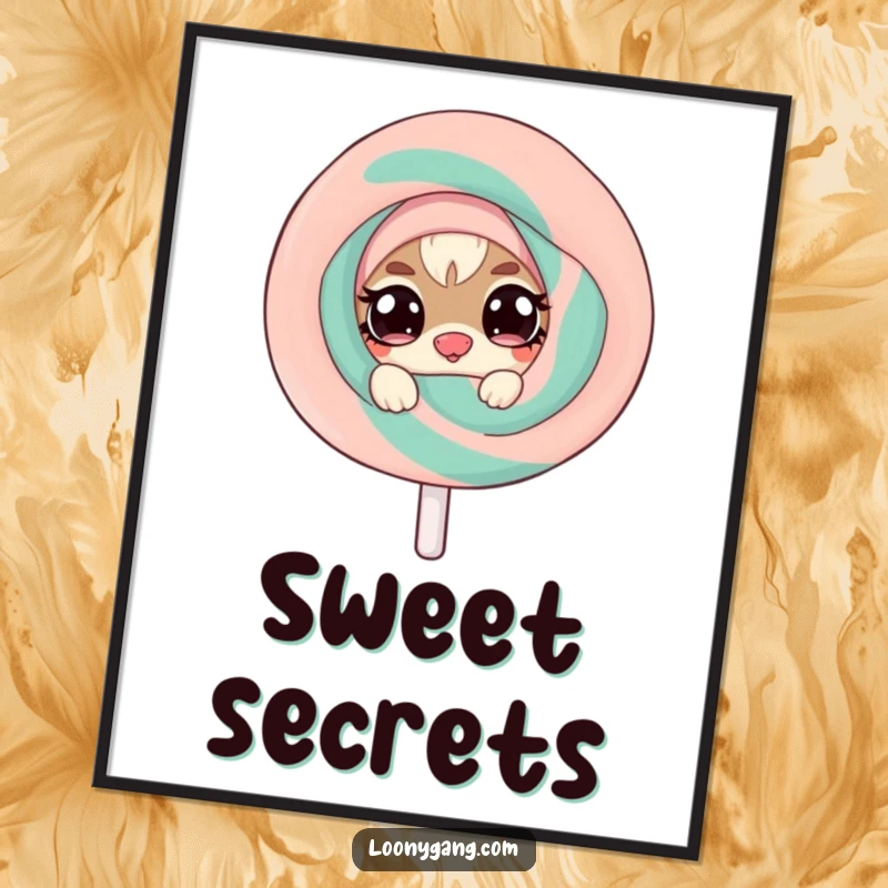 Funny poster depicting a mischievous small creature with wide, twinkling eyes peeking from behind a giant, wobbly lollipop, creating whimsical art.