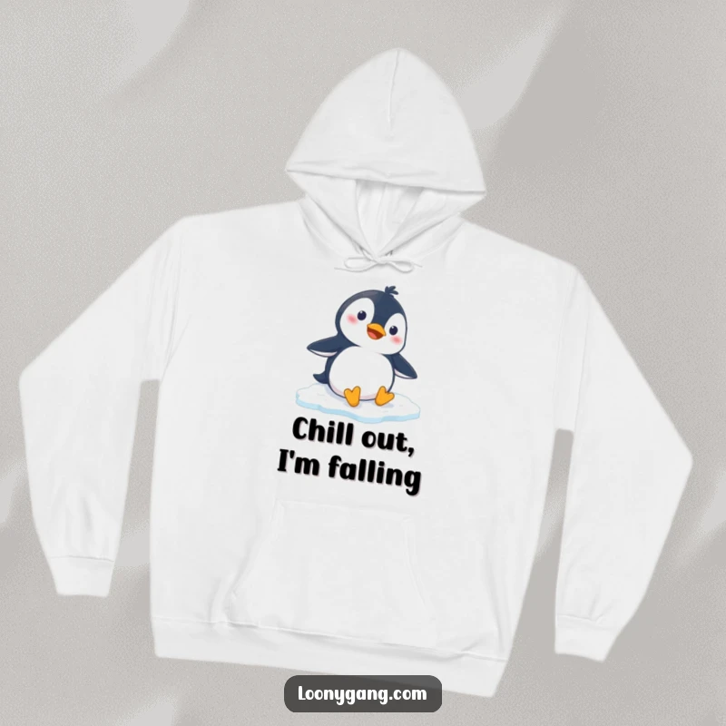 Funny penguin hoodie depicting a cartoon penguin comically slipping on ice, offering warmth and humor for screen reader users.