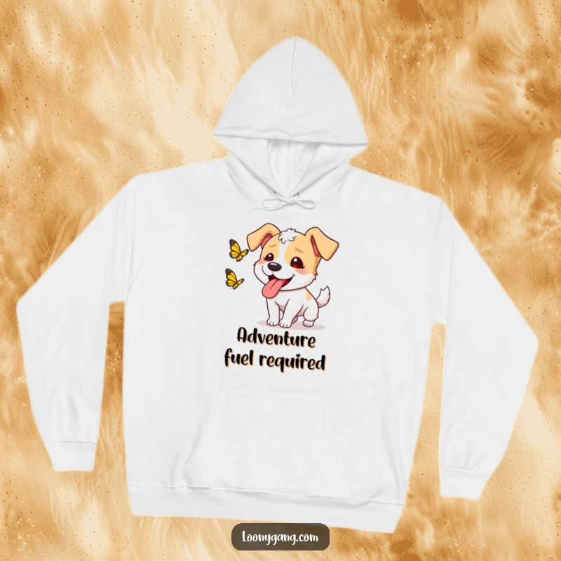 Funny dog butterfly hoodie featuring a goofy dog with its tongue lolling out, enthusiastically chasing a butterfly, for cozy humor.