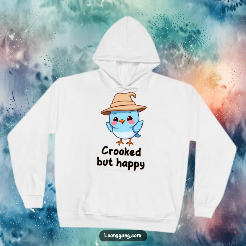 Funny blue bird hoodie showcasing a smiling blue bird wearing a giant, crooked hat, offering warmth and quirky charm. Ideal for casual wear and funny gift occasions.