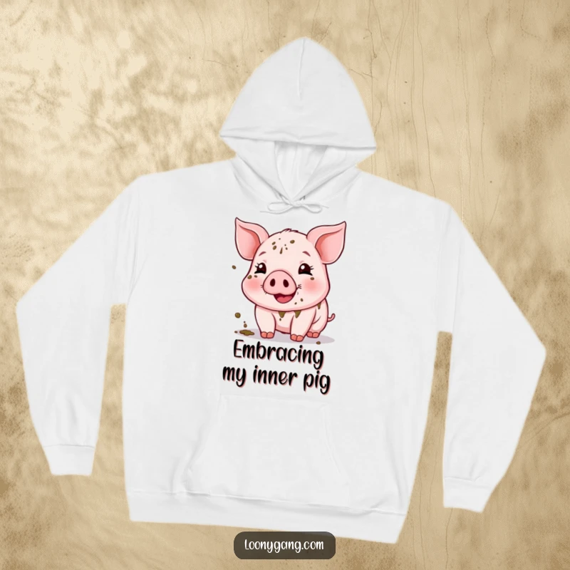 Funny Muddy Piglet Hoodie featuring a gleeful piglet covered in mud, showcasing a super happy expression. A warm, humorous gift.