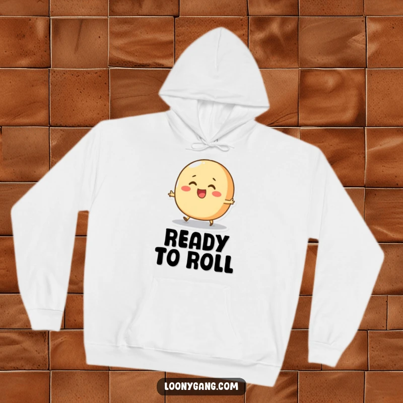 Funny Bread Roll Skip Hoodie featuring a round, cheerful bread roll character attempting to skip with pure joy, offering warmth and delightful amusement.